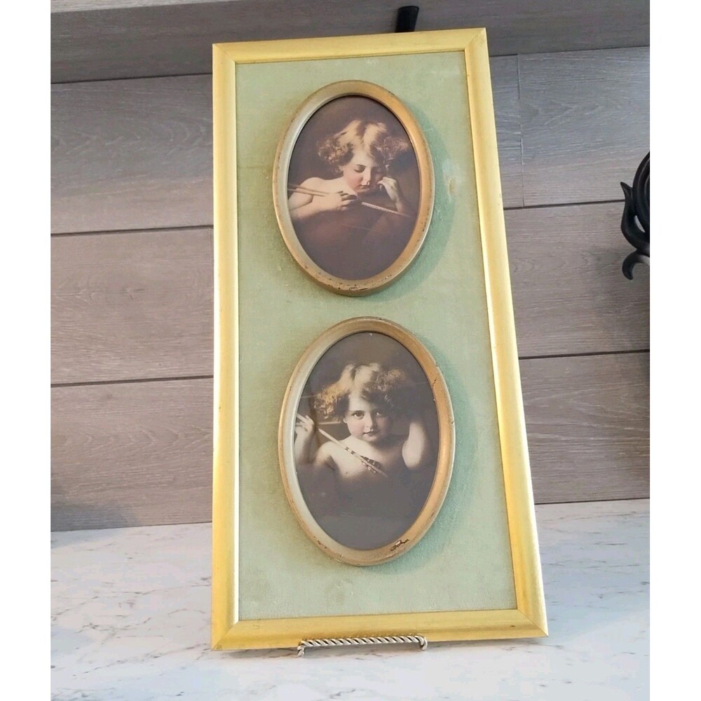 Pair Of Small Vintage Cupid Awake & Asleep Pictures Oval Metal Gold Frames